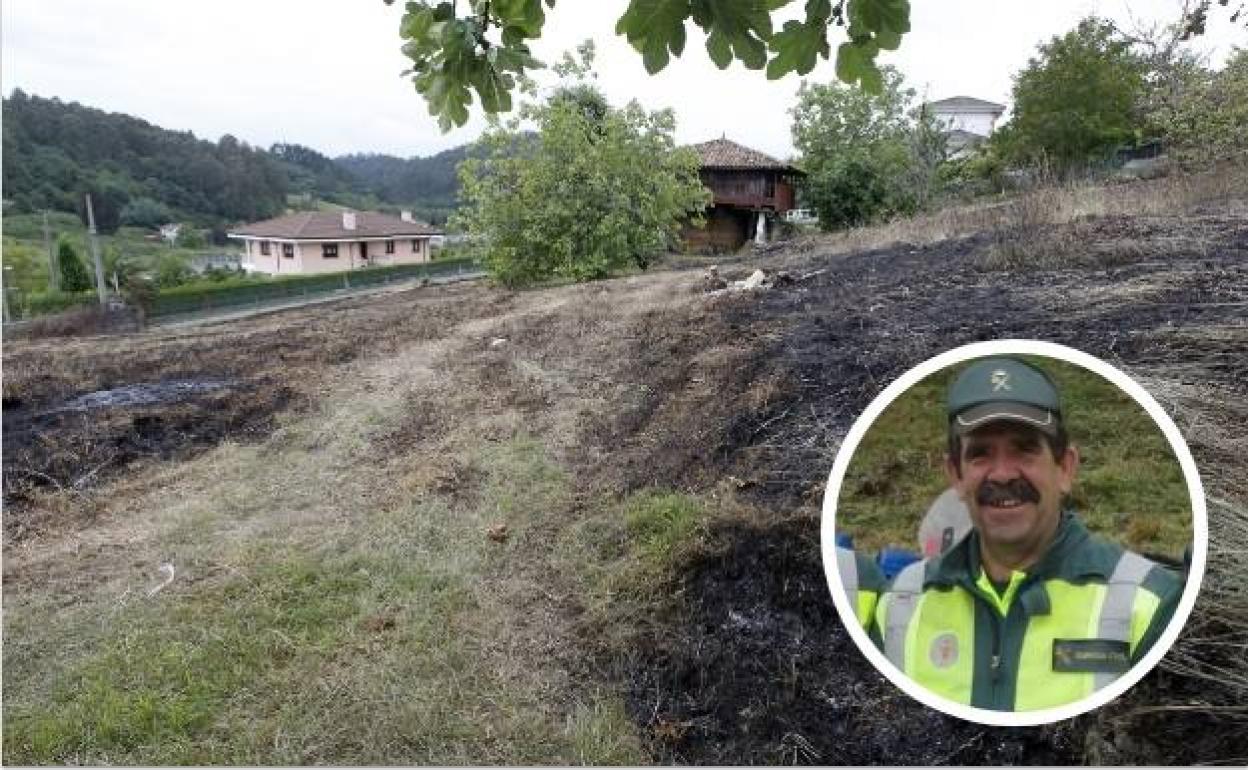 Lugar del suceso. A la derecha, una imagen de Eladio Currás de servicio. 