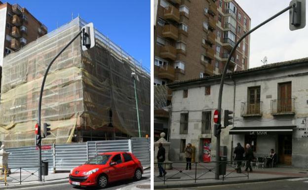 Nuevo edificio de viviendas y antigua casa en la que se ubicaba el bar La Luna.