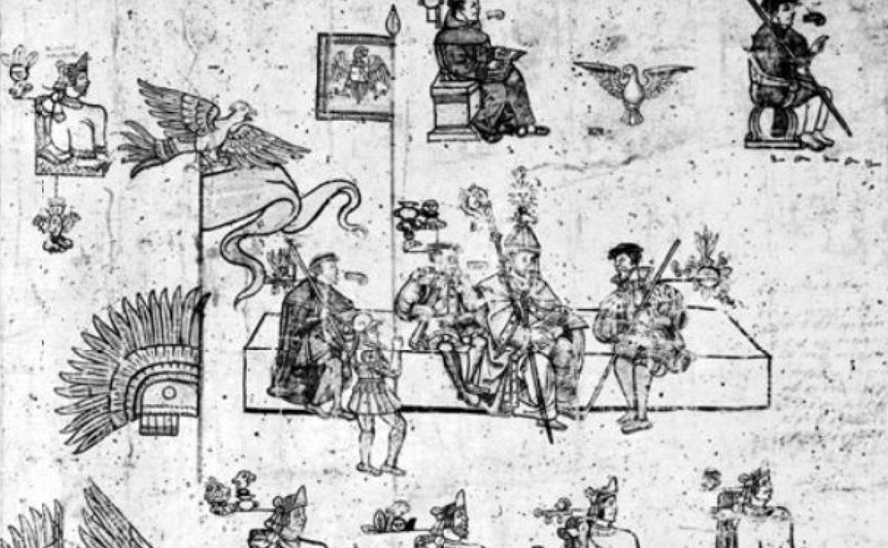 Lámina 8 del Códice Tlatelolco donde se muestra la ceremonia de juramento y reconocimiento a Felipe II en 1557. En la ceremonia Luis de Castilla llevó el estandarte con el águila del nuevo monarca y pregonó la ascensión del rey.