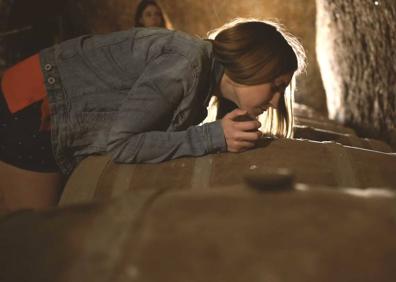 Imagen secundaria 1 - Imágenes en la Ruta del Vino de Rueda. Arriba visita a Menade,; una joven huele el vino de una barrica y una muestra de su gastronomía. 