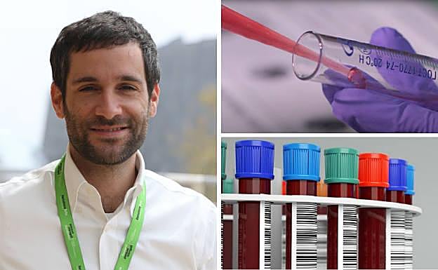 El doctor Suárez-Calvet, muestra de sangre y tubos para las pruebas.