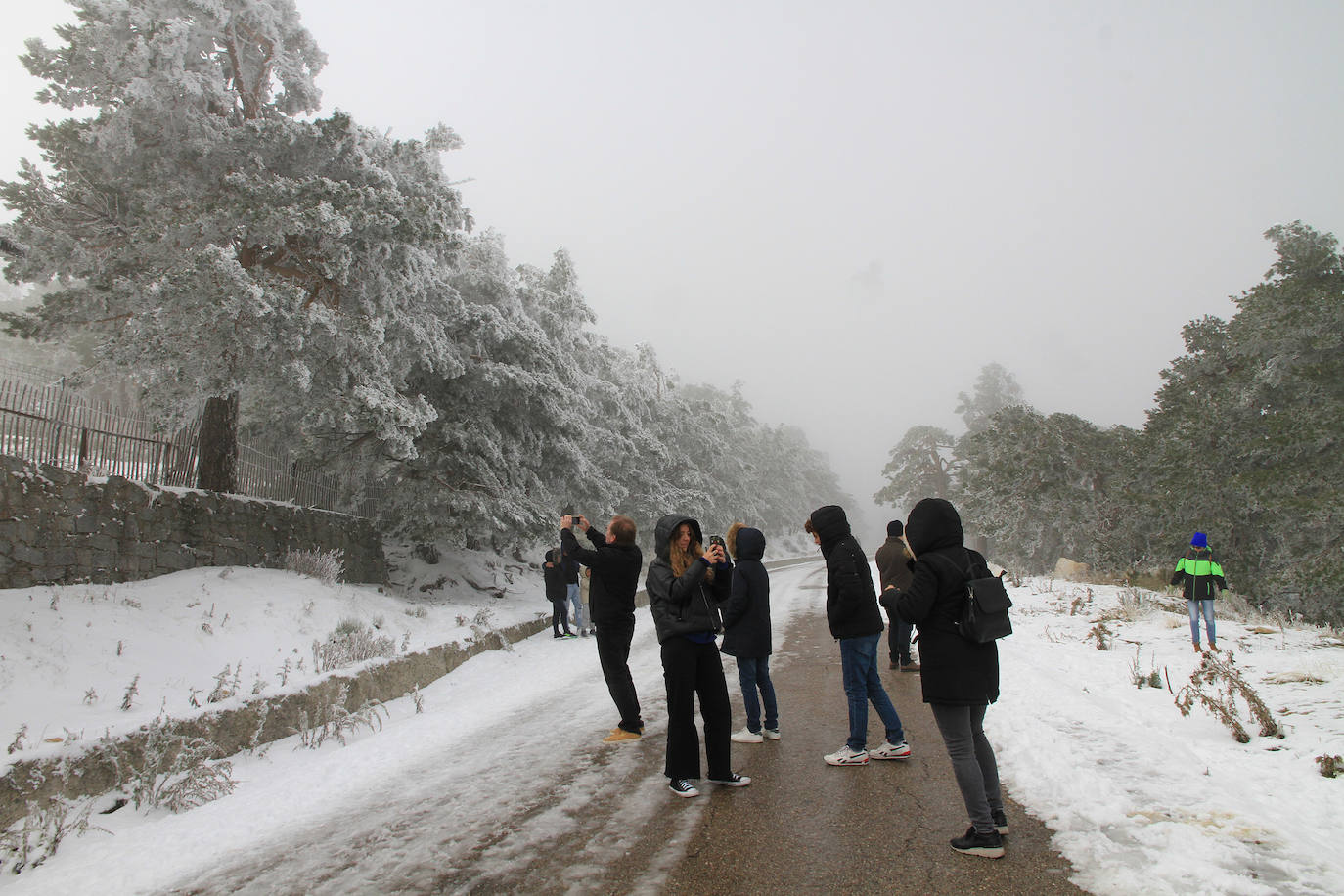 Turistas se hacen fotos en Navacerrada este sábado con las primera nevada. 