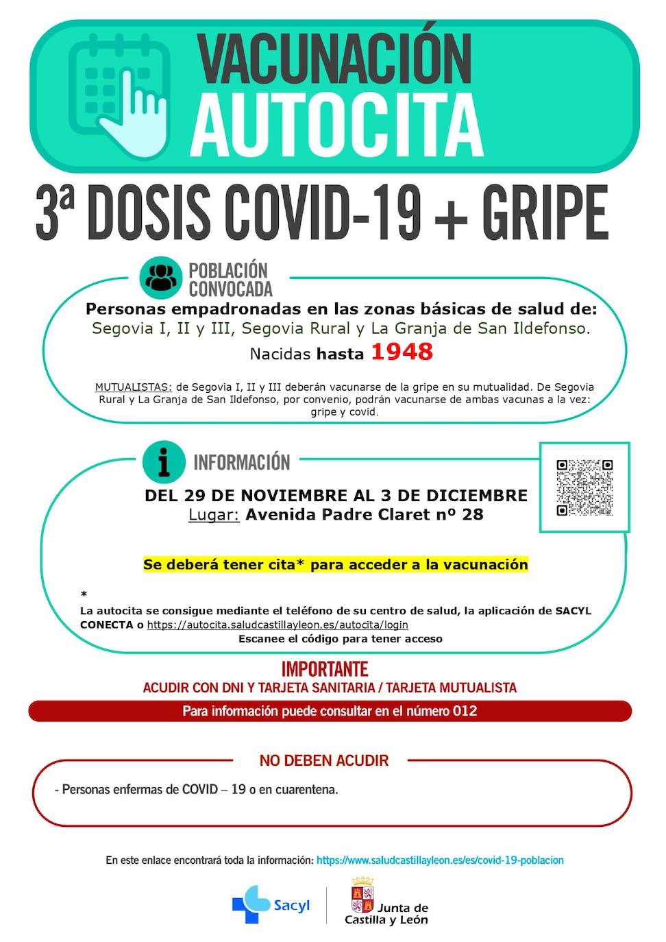 Información sobre los horarios para la tercera dosis contra la covid y la vacuna contra la gripe.
