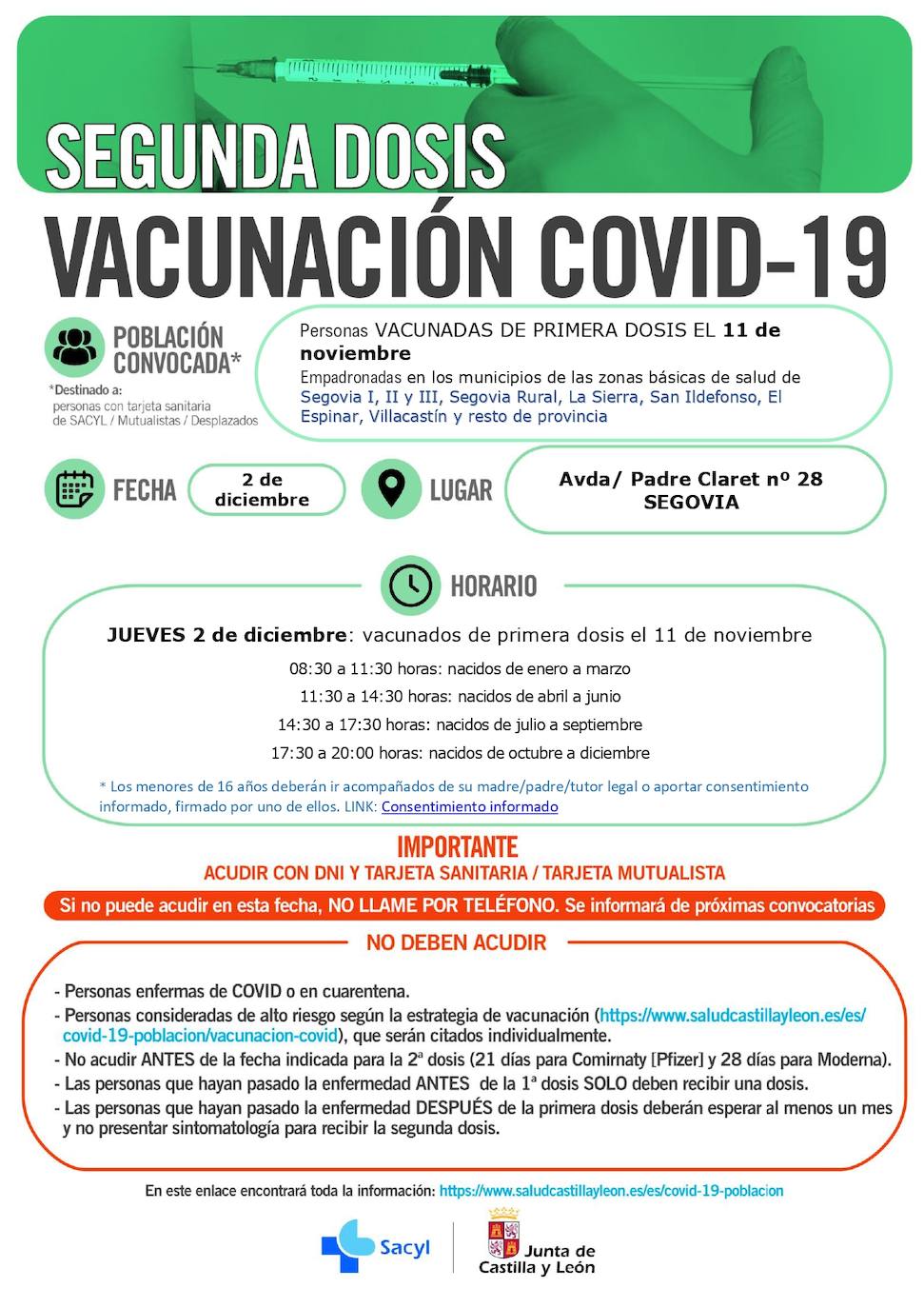 Información y horarios sobre la vacunación en la provincia de Segovia.