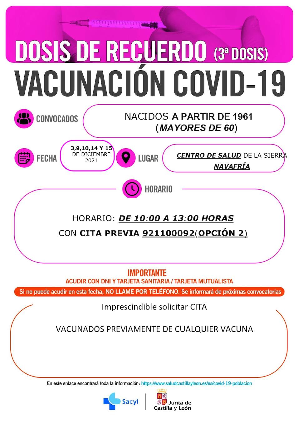 Información y horarios sobre la vacunación en la zona de Navafría.