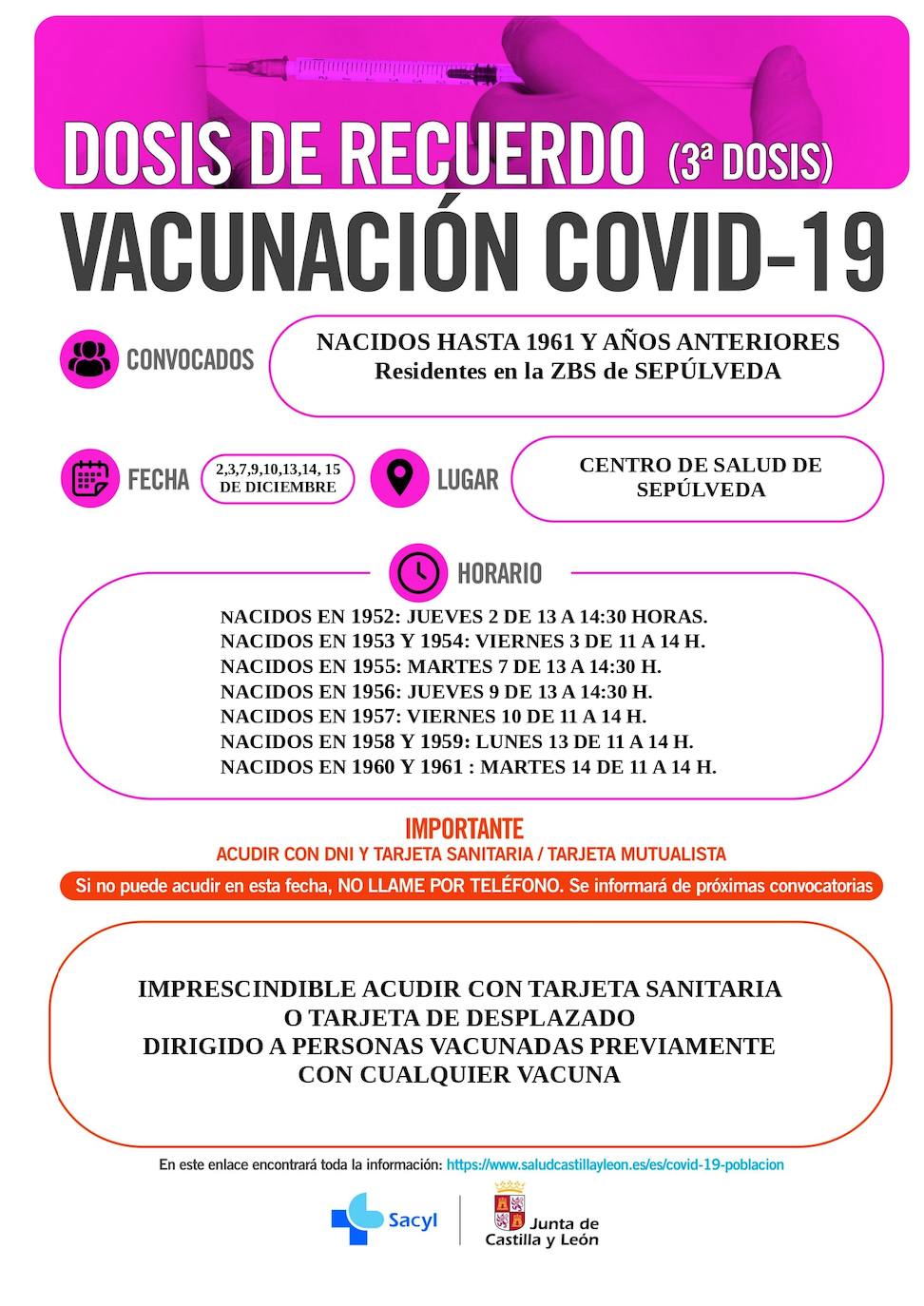 Información y horarios sobre la vacunación en la zona de Sepúlveda.