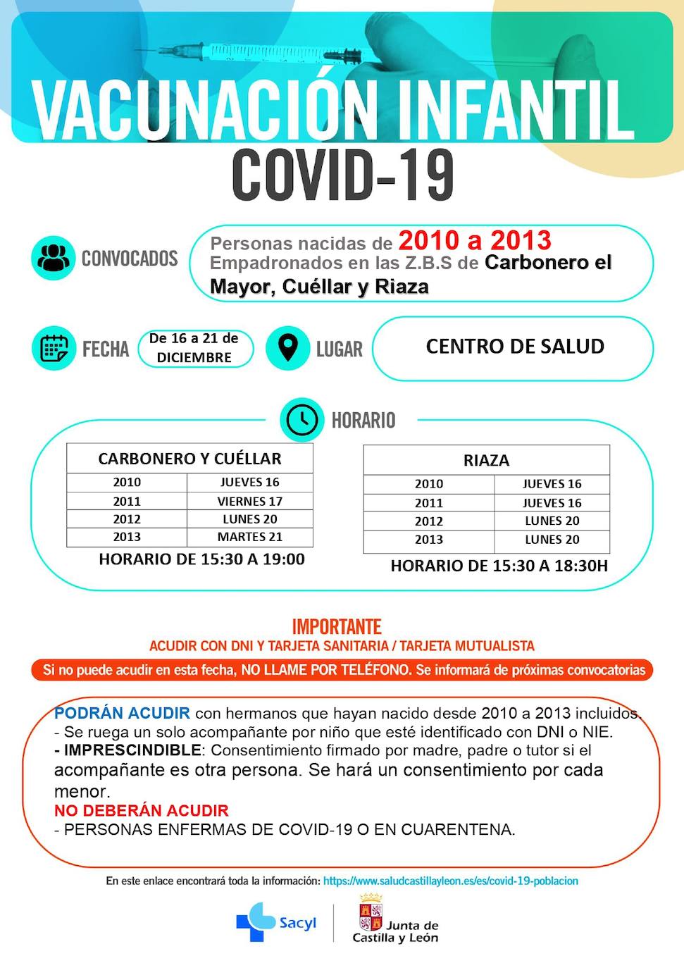 Información y horarios sobre la vacunación en Carbonero, Cuéllar y Riaza.