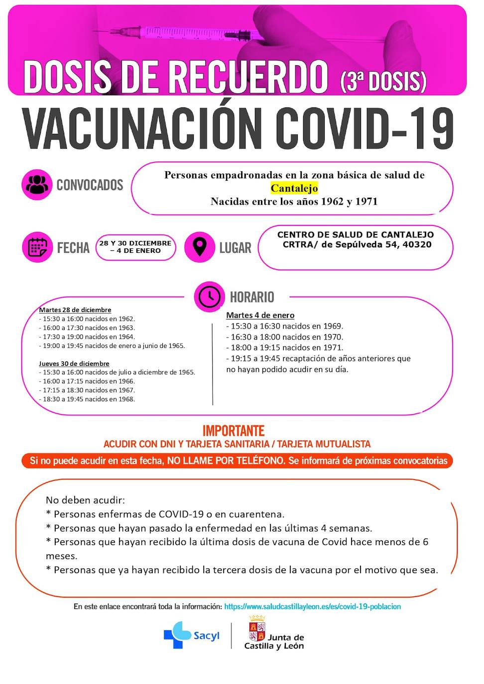 Calendario de vacunación con terceras dosis en la zona de Cantalejo.