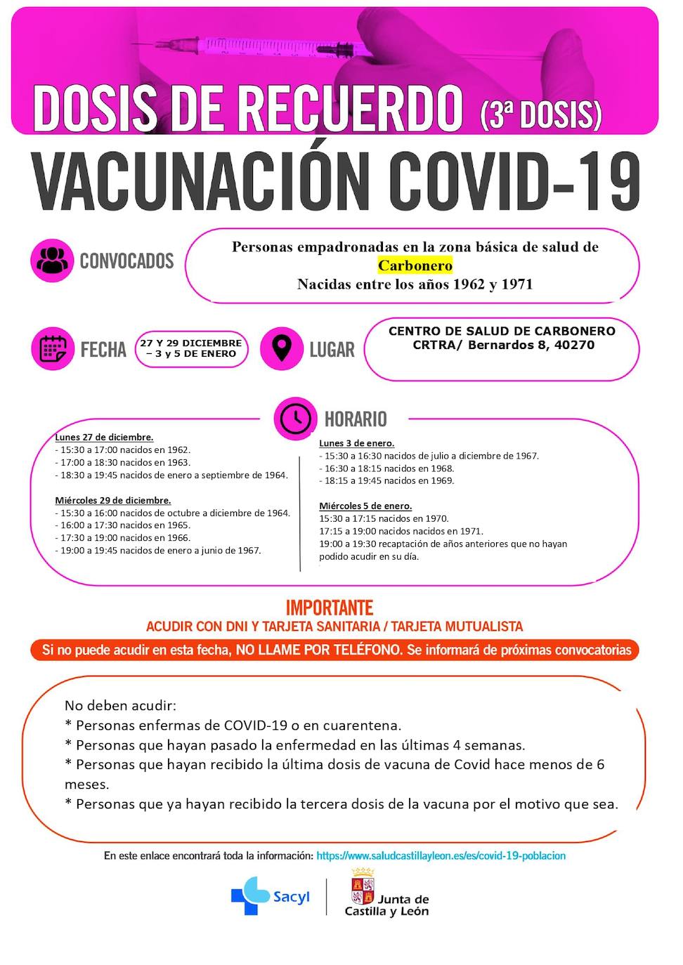 Calendario de vacunación con terceras dosis en la zona de Carbonero el Mayor.