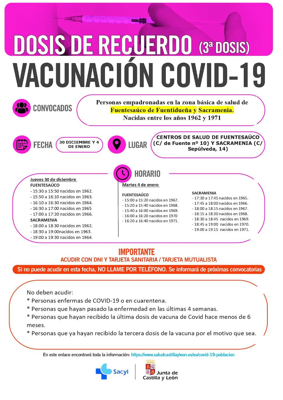 Calendario de vacunación con las terceras dosis en la zona de Fuentesaúco y Sacramenia.