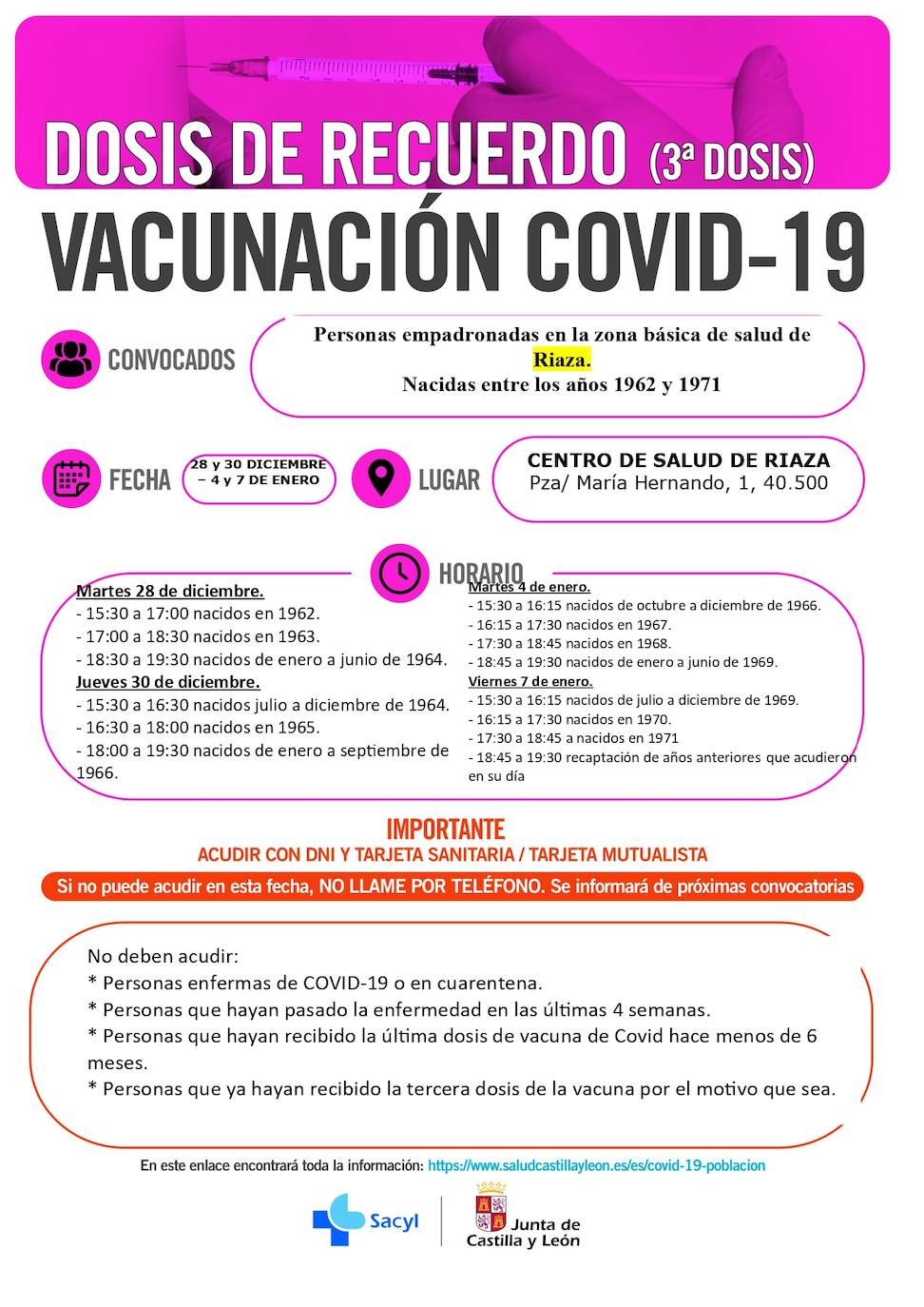 Calendario de vacunación con terceras dosis en la zona de Riaza.