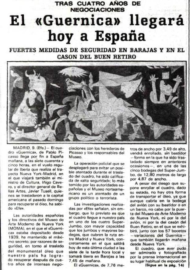 Noticia publicada en El Norte sobre la llegada del cuadro a España. 