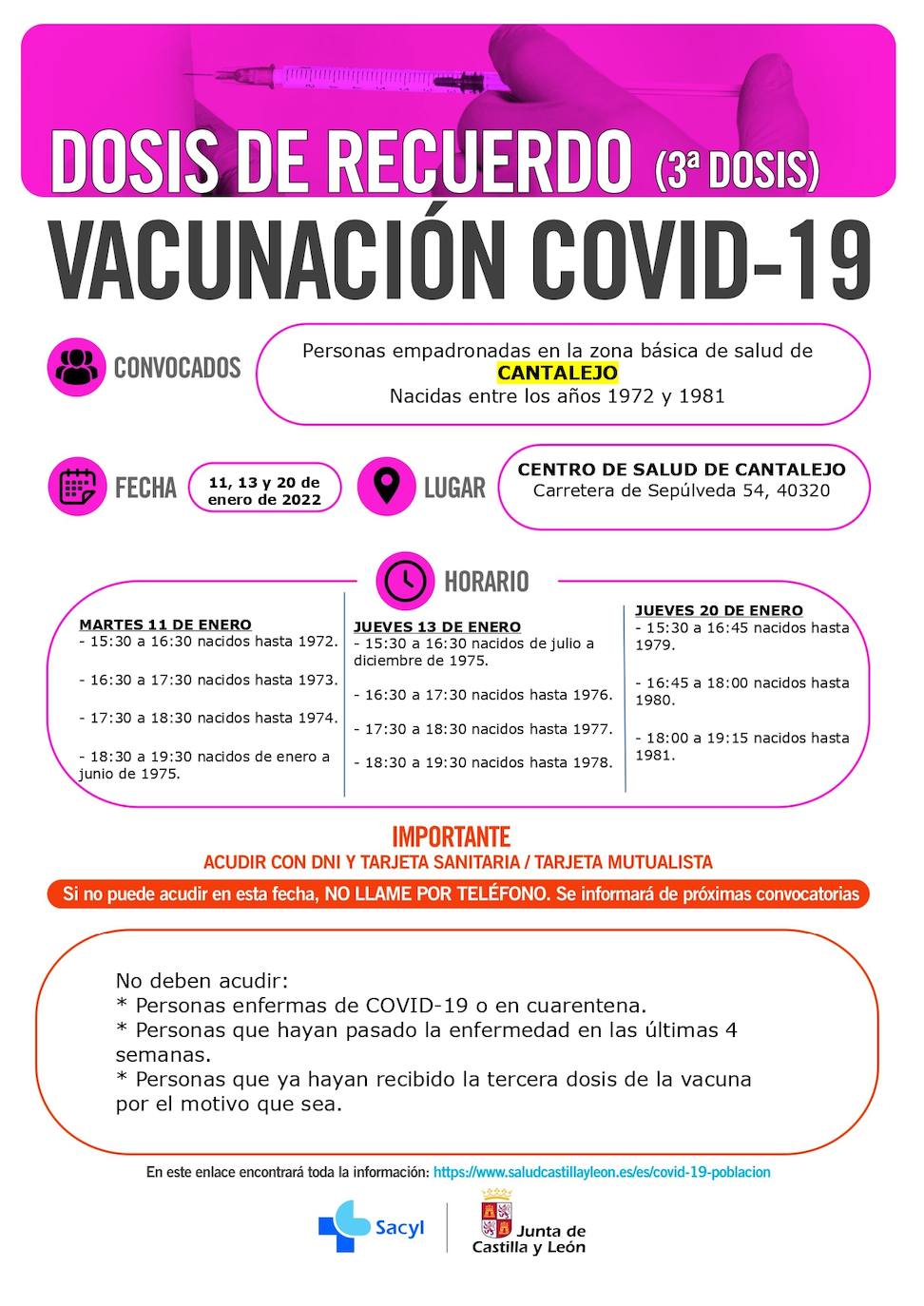 Información y horarios sobre la vacunación con terceras dosis en Cantalejo.