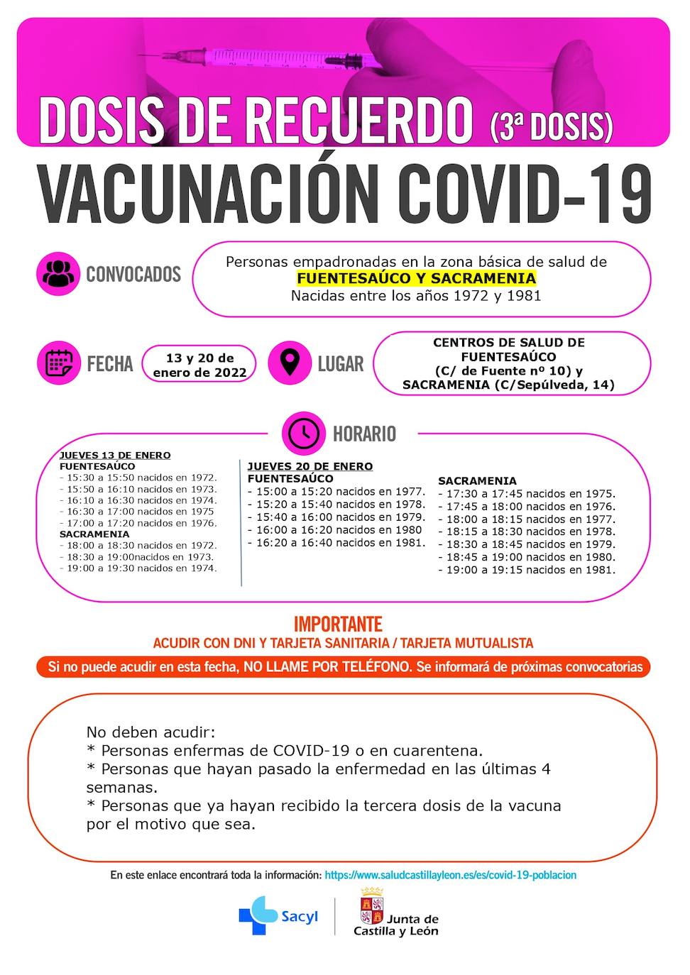 Información y horarios sobre la vacunación con terceras dosis en Fuentesaúco y Sacramenia.