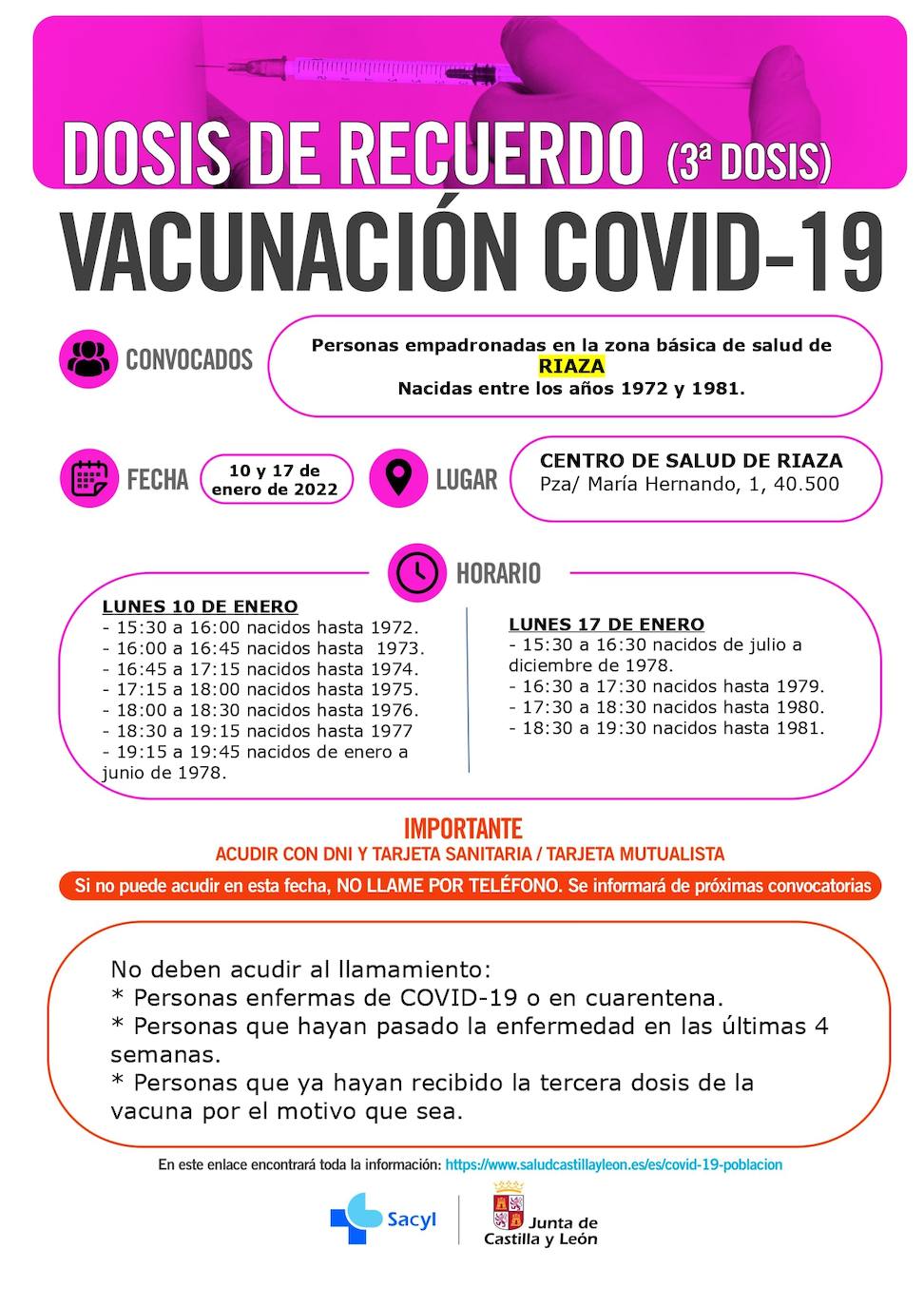 Información y horarios sobre la vacunación con terceras dosis en Riaza. 