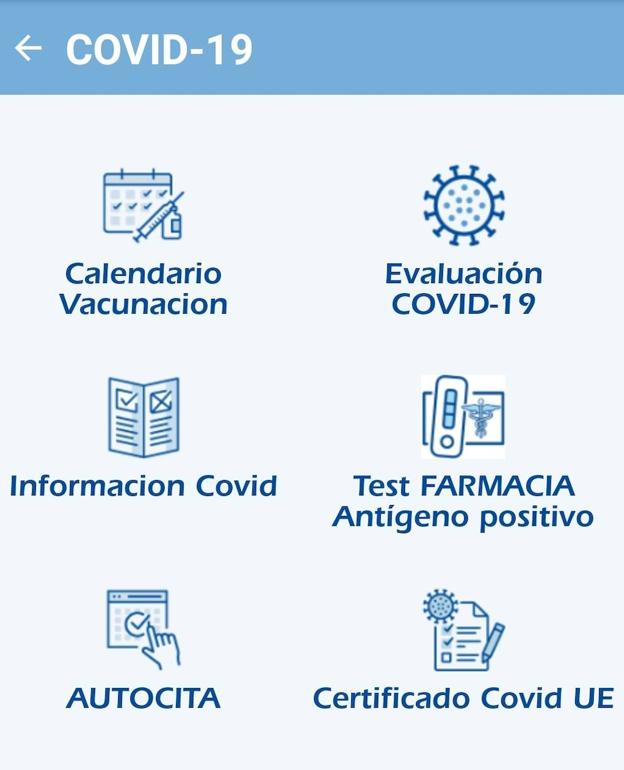 Pantalla en la que se pueden realizar gestiones relacionadas con el covid-19. A la derecha, Test Farmacia antígeno positivo. 