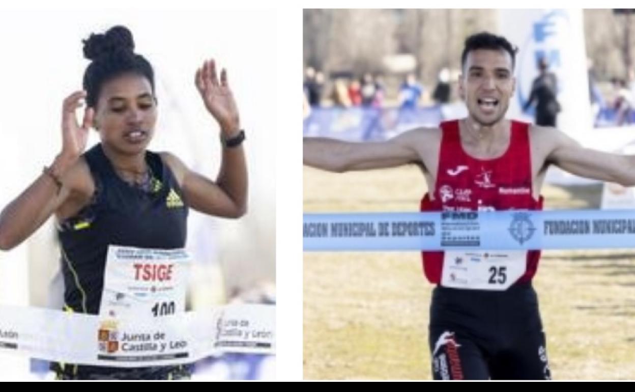 La etíope Tsige Haisleslase y el hispano-marroquí Yahya Aouina en el momento cruzar la meta en el XXXIV Cross Internacional Ciudad de Valladolid este domingo.