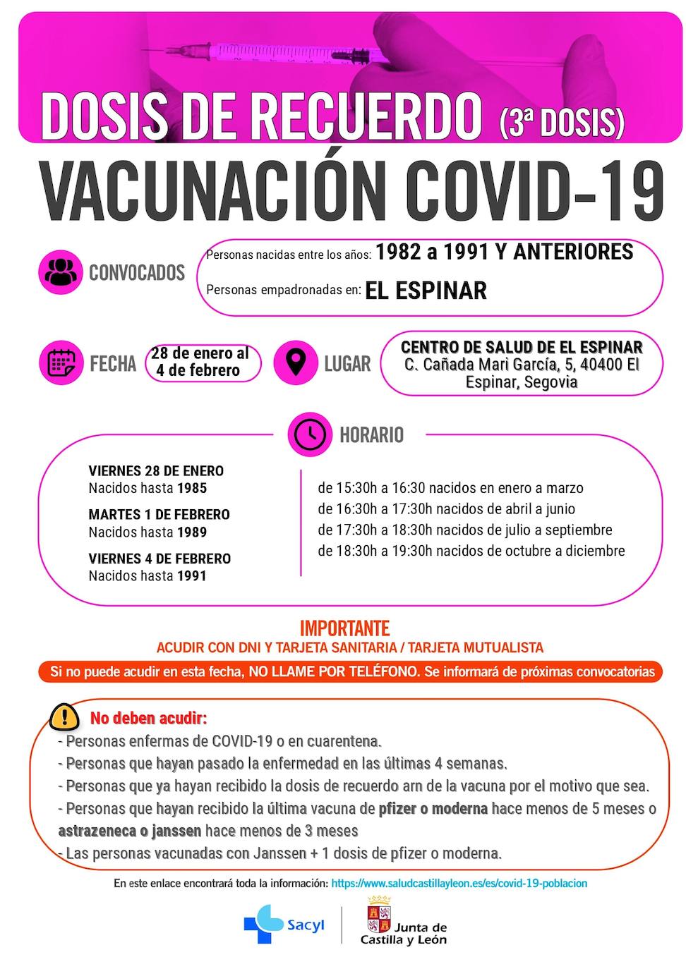 Información y horarios sobre la vacunación en El Espinar.