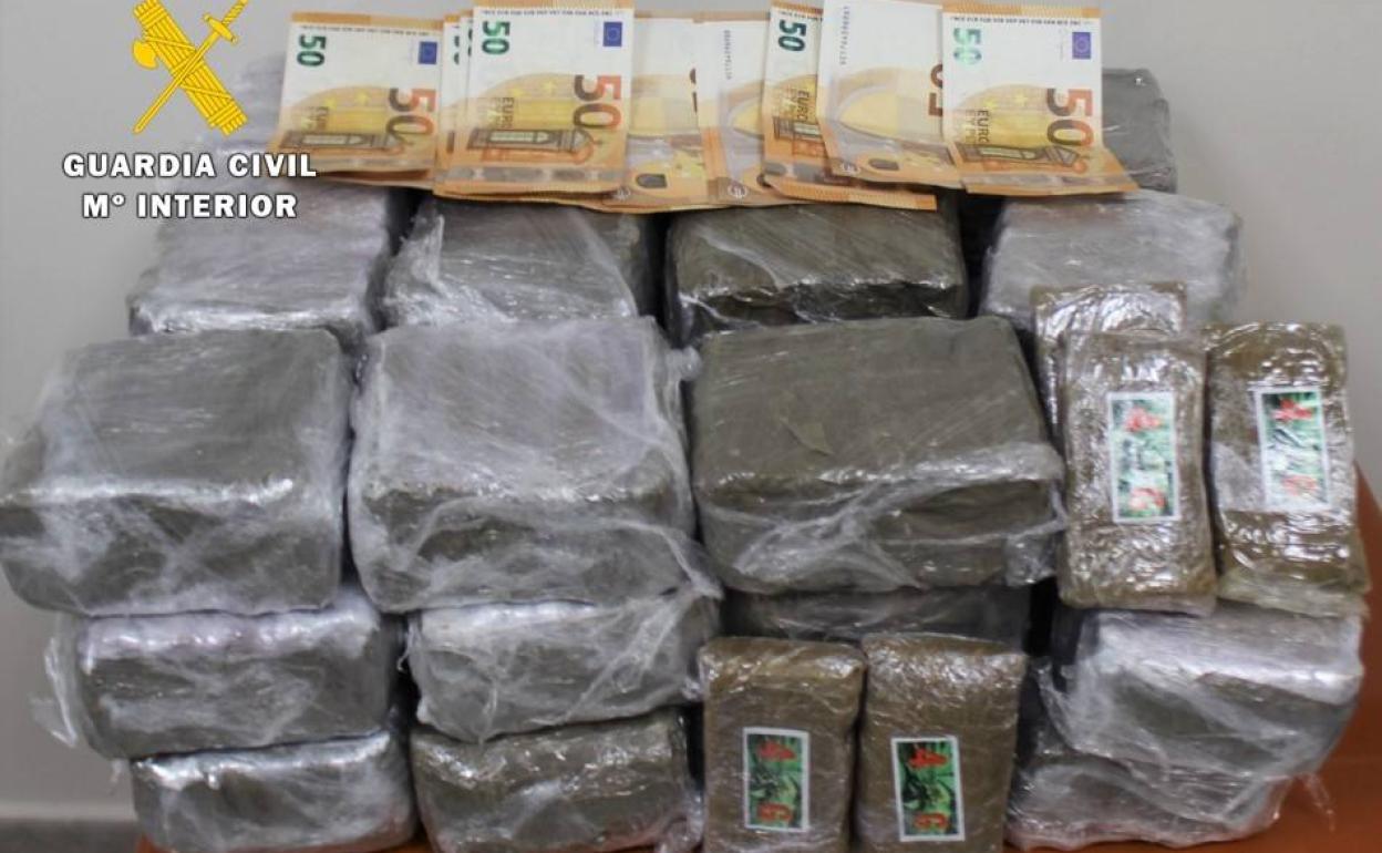 Droga y dinero en efectivo hallado por la Guardia Civil en la furgoneta del detenido.