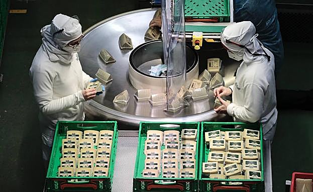Imagen principal - Operarios en una de las líneas de producción en Valladolid, centro logístico en Valladolid y diferentes envases de quesos loncheados. 