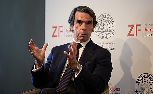 José María Aznar, durante su conferencia en el Círculo Ecuestre de Barcelona. 