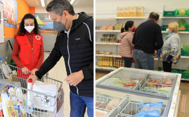 A la izquierda, campaña de recogida de alimentos de Cruz Roja; a la derecha, economato de Cáritas Diocesana en Segovia. 