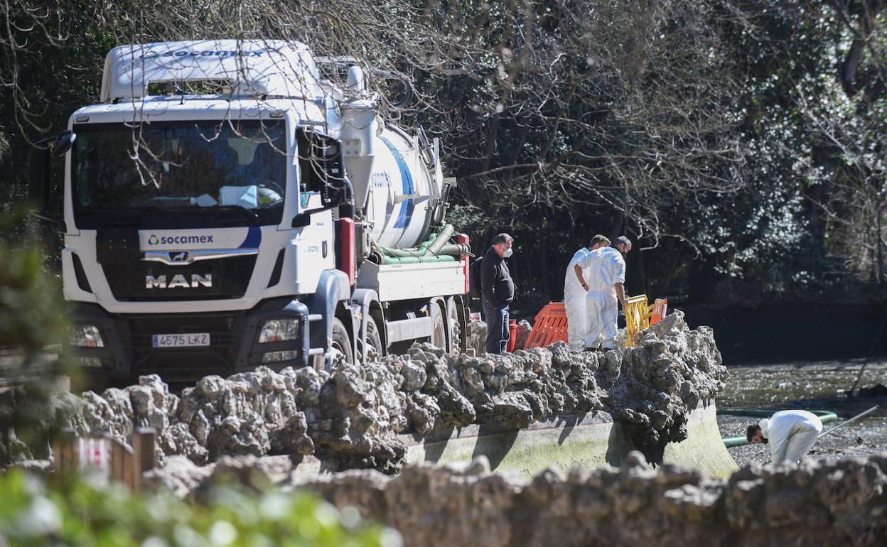 Operarios trabajan en la limpieza del estanque del Campo Grande.