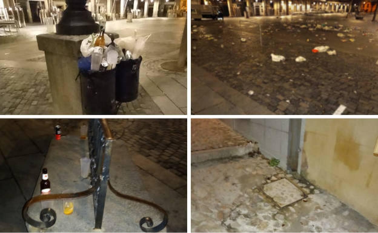 Cuatro imágenes tomadas a las 6 de la mañana de este domingo con papeleras saturadas de basura, desechos esparcidos por la Plaza Mayor, vasos y botelllines en un banco y restos de orina en una pared de una casa. 