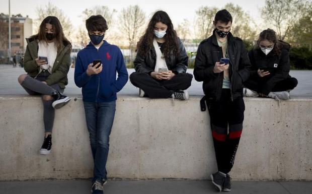 Cinco jóvenes observan su teléfono junto al paseo Jardín Botánico.