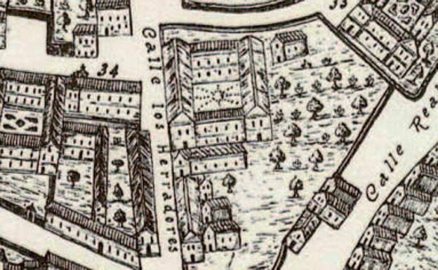 Plano de Ventura Seco (1738) que muestra la Casa del Cordón en la calle de los Herradores (actual Alonso Pesquera). 