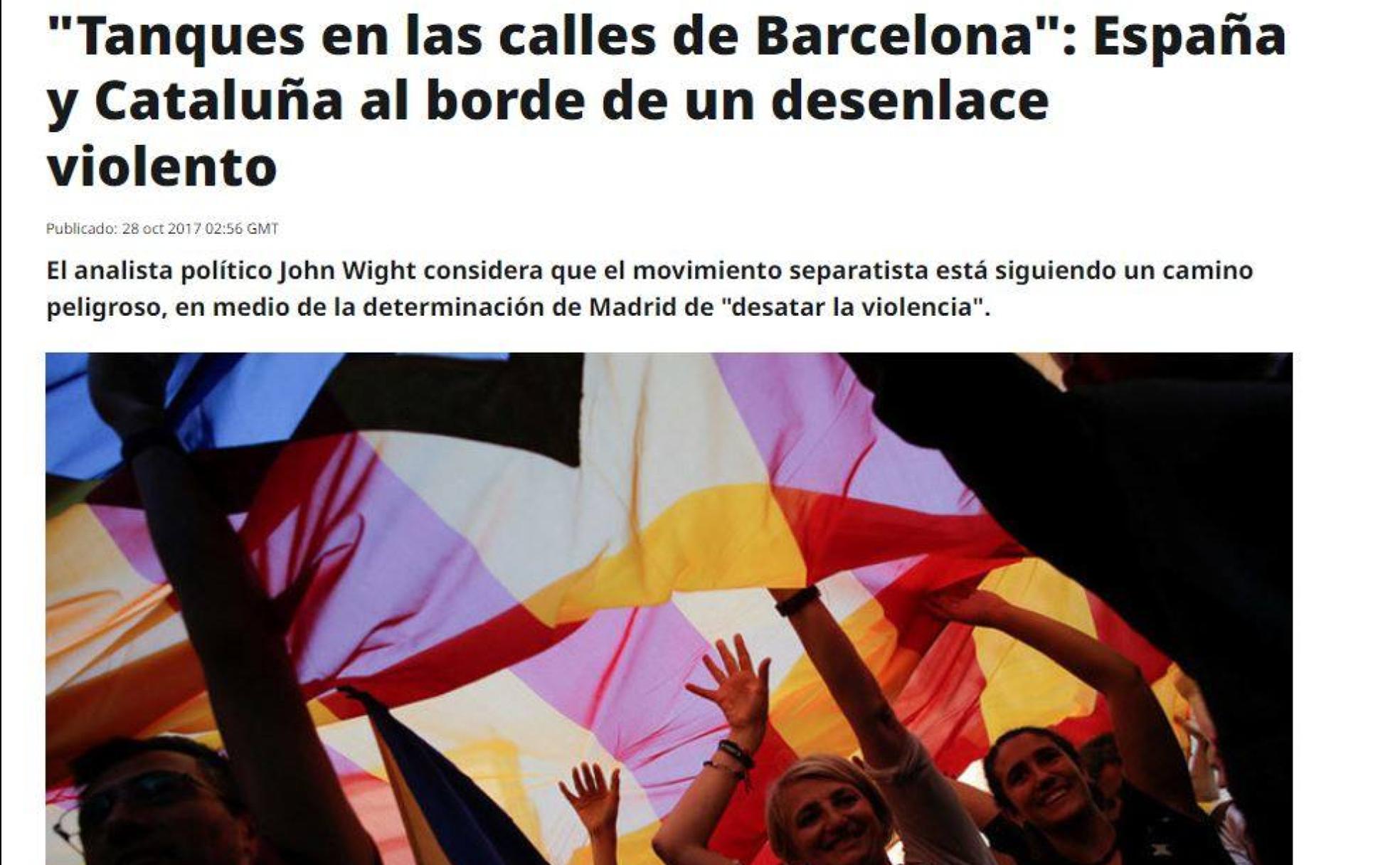Noticia publicada en RT en español tras el 1 de octubre de 2017. Su titular circuló en redes sociales y consiguió en pocas horas 11.800 interacciones en Facebook, según cuenta David Alandete en 'Fake news: armas de destrucción masiva'.