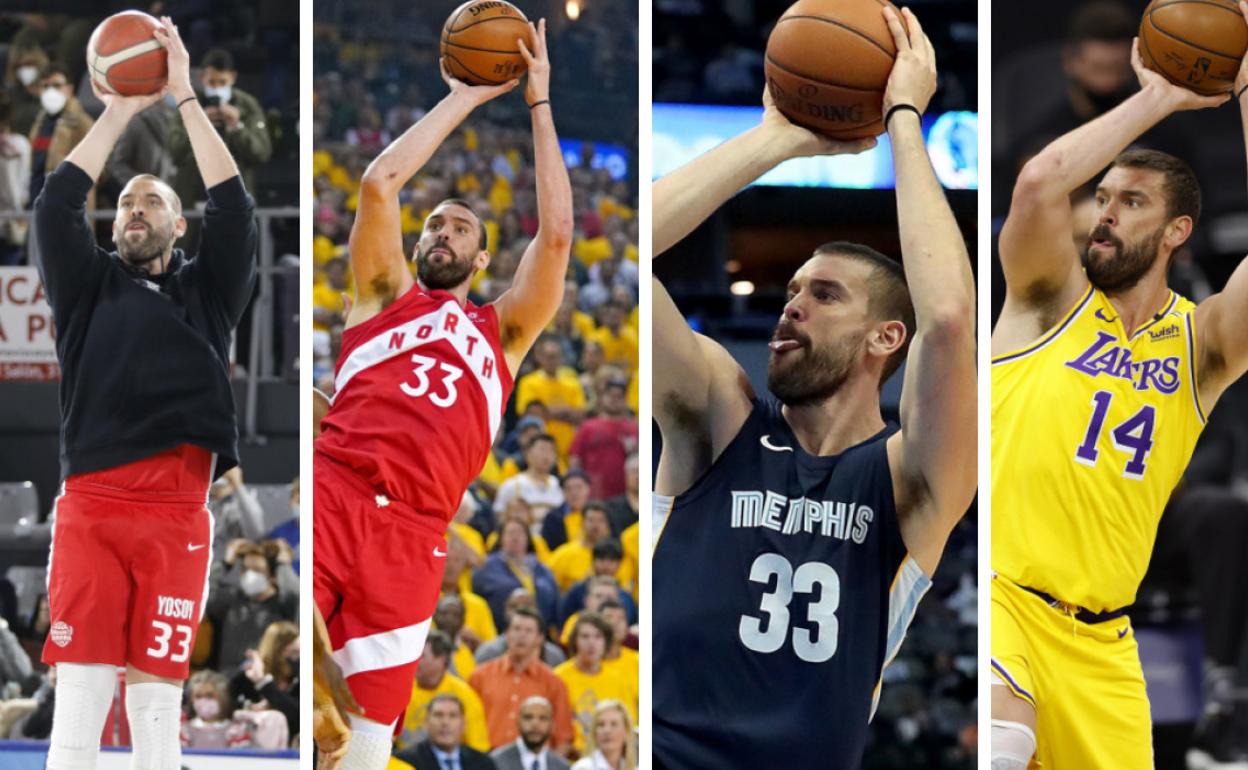 Marc Gasol, con las camisetas de Girona, Toronto, Memphis y Los Angeles Lakers. 