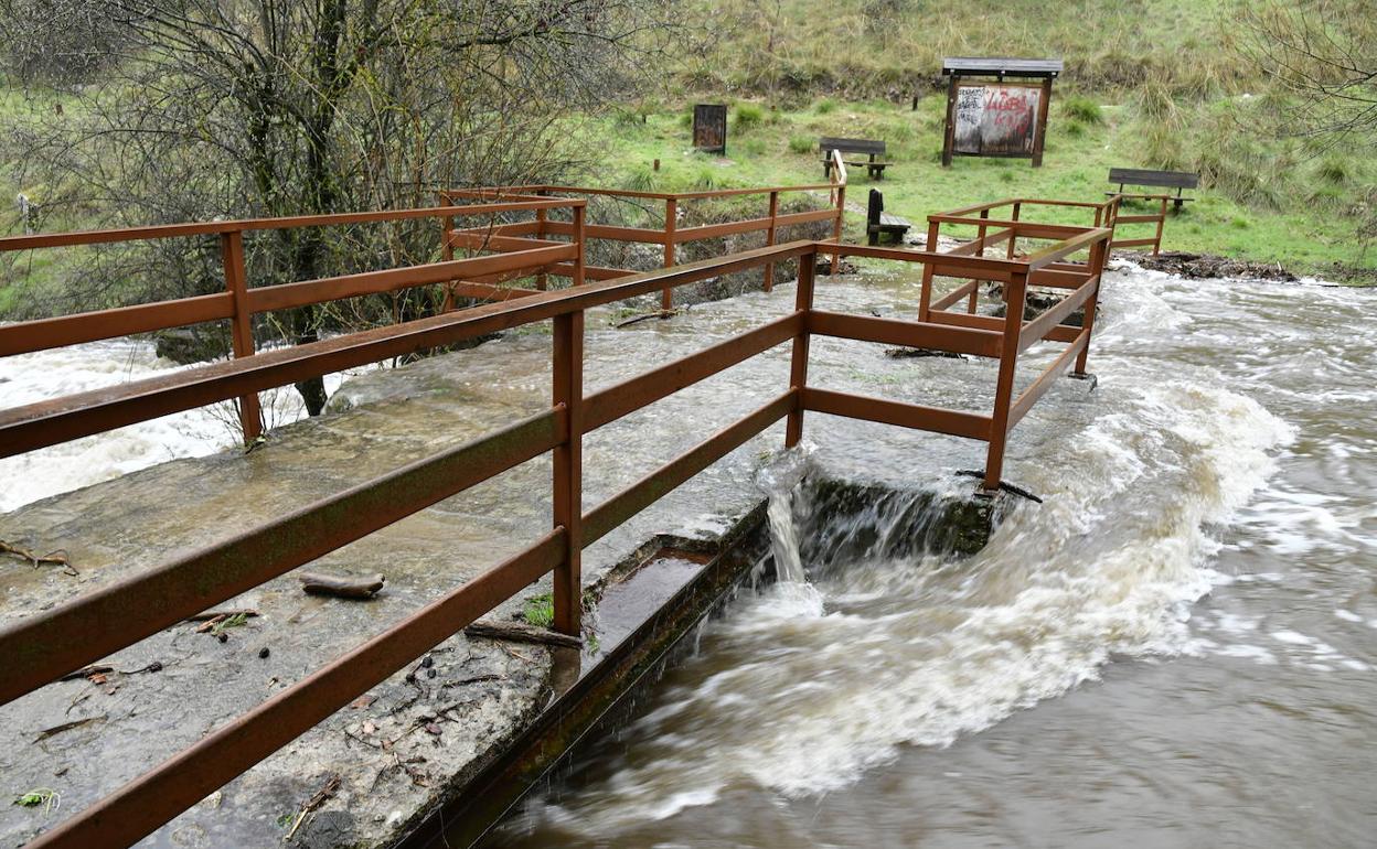 El caudal crecido del Gudillos sobrepasa el puente de las, en la zona de San Rafael. 