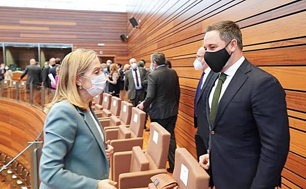 Santiago Abascal, en la tribuna de invitados de las Cortes de Castilla y León, con la popular Ana Pastor.