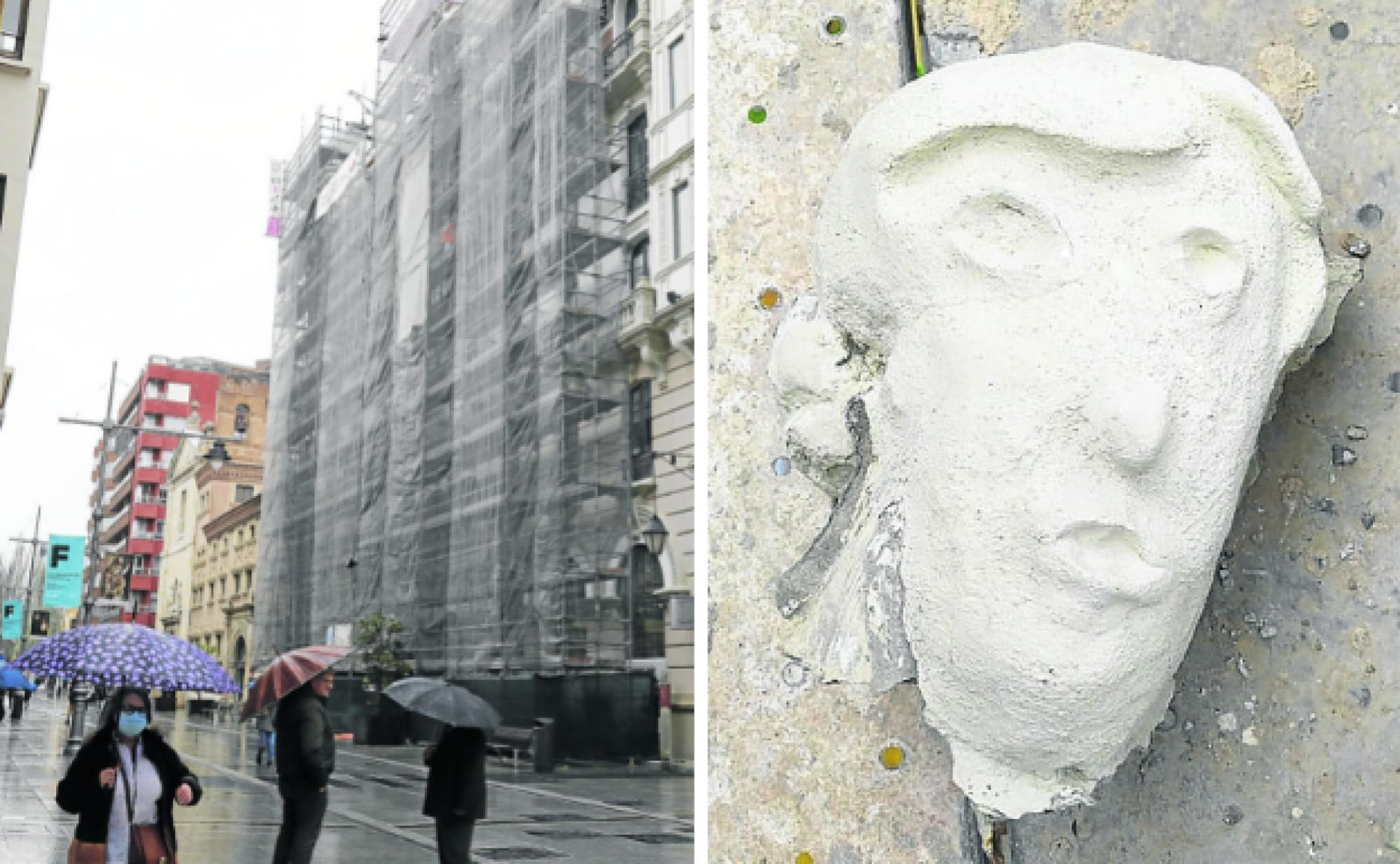 Los andamios cubren toda la fachada del edificio en la Calle Mayor y el 'Ecce Homo' ya retirado.