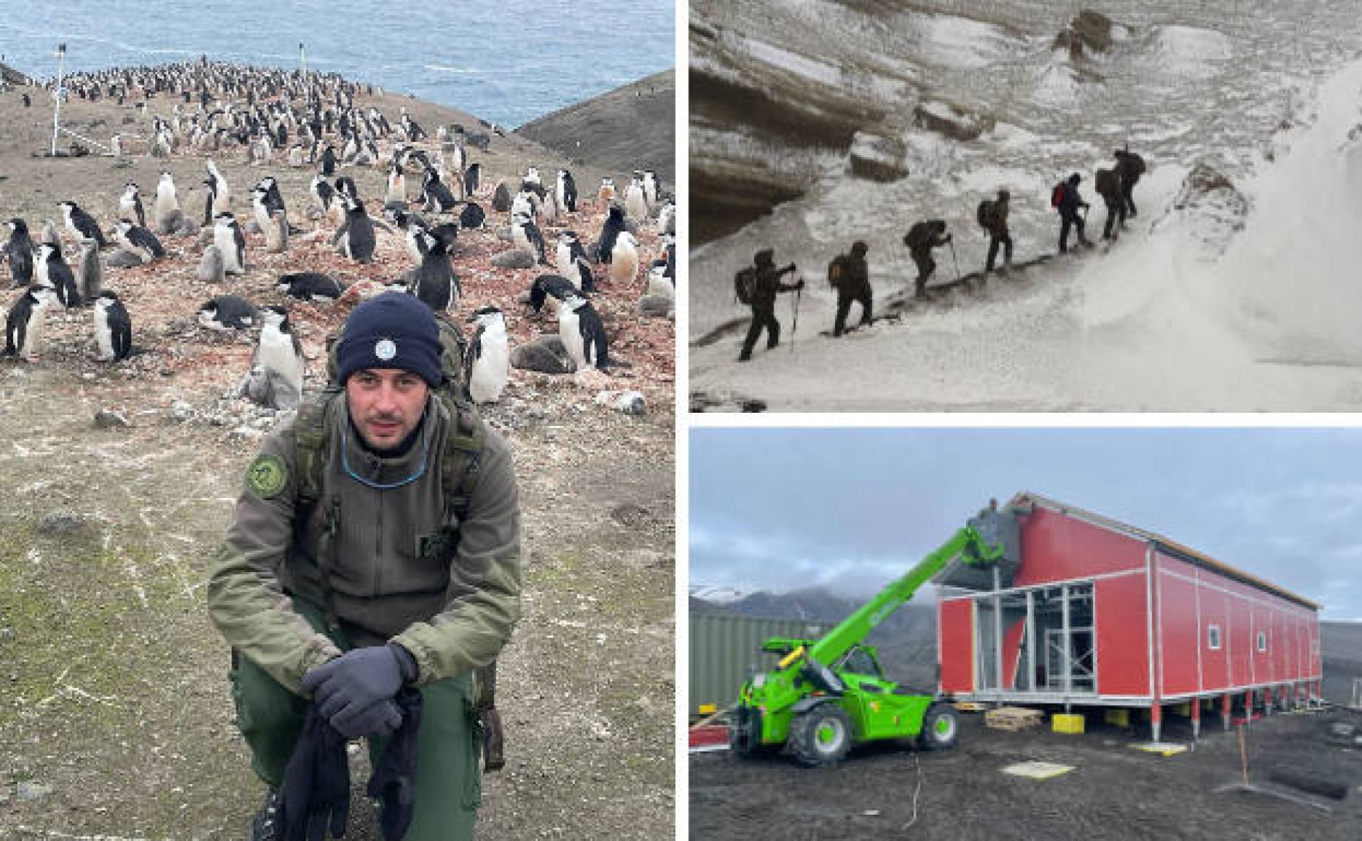 El soldado salmantino Adrián López Serna. A la derecha, ruta en isla Decepción y módulo taller que montaron. 