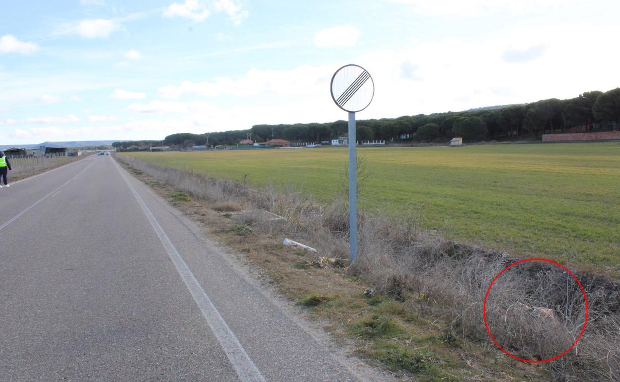 Cuneta próxima a Traspinedo donde se descubrió el cuerpo de Esther López, señalado con un círculo. 