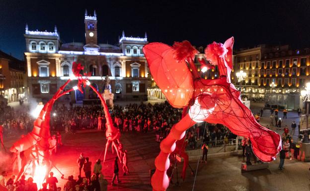 Imagen principal - Las jirafas en la Plaza Mayor, público subido a bancos y canastas para seguir 'Latas' y LaDinamo junto a San Benito. 