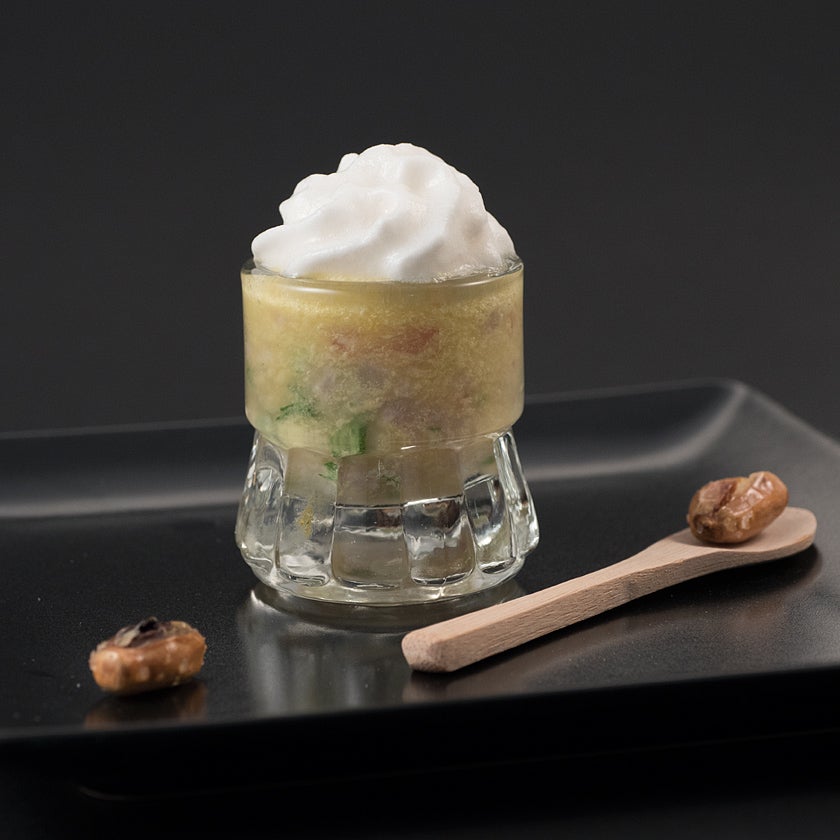 Cerviche Milana. Ceviche de corvina con leche de tigre de cerveza de ciruela milana y espuma de la misma cerveza.