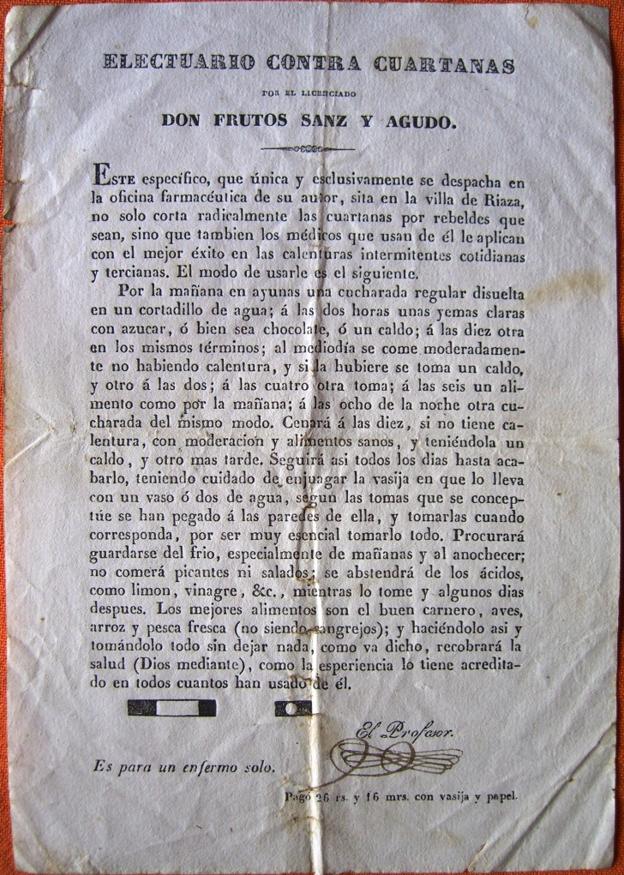 Prospecto original del 'Electurario contra cuartanas' de Frutos Sanz y Agudo.
