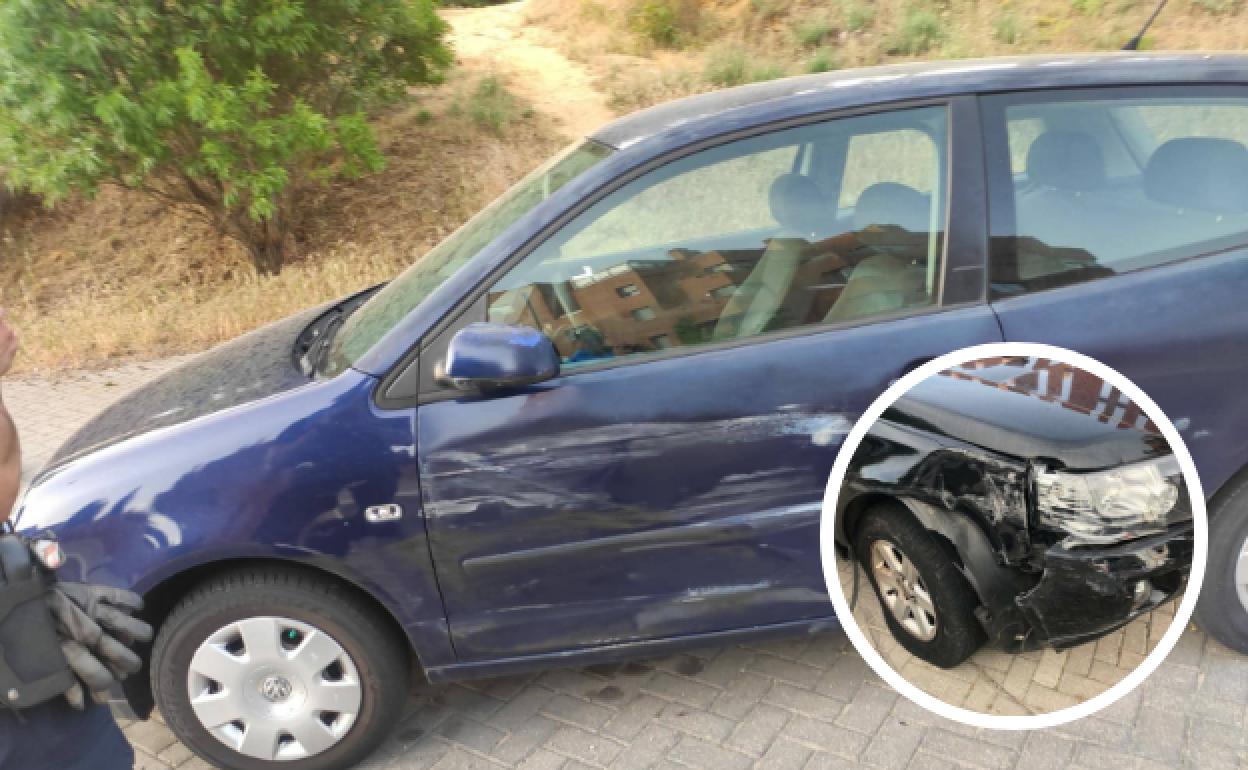 Daños en el turismo estacionado en la calle Morelia y detalle del coche que lo golpeó. 