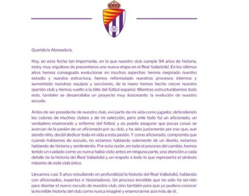 Carta remitida a los abonados del Real Valladolid. 