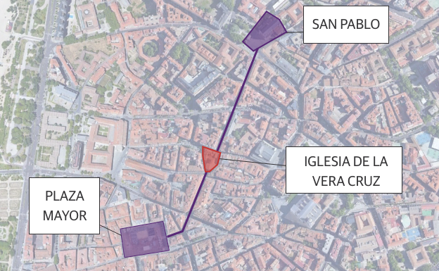 Imagen principal - En segundo lugar, abajo a la izquierda, El trazado y los derribos previstos por César Cort. Destacado en azul, la Iglesia de la Vera Cruz. (AYuntamiento de Valladolid). La tercera foto, en la parte inferior derecha, muetsra el proyectó de Gran Vía con el derribo de la Vera Cruz en el siglo XIX (Ayuntamiento de Valladolid)