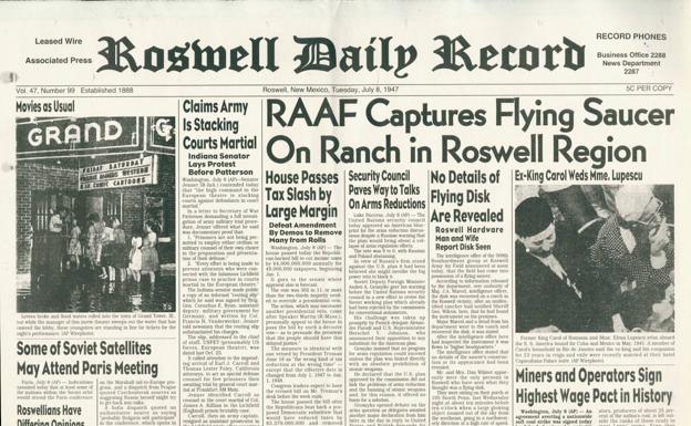 Portada del 'Roswell Daily Record' del 8 de julio de 1947 anunciando la captura de un platillo volante por los militares. 