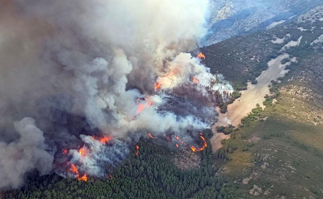 Imagen del fuego el límite entre Cáceres y Salamanca, en la zona de Ladrillar. 