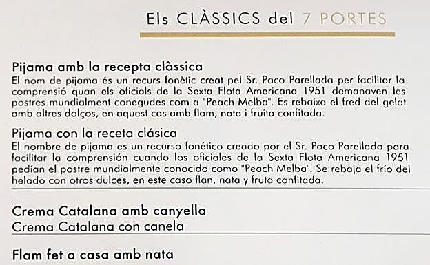 Carta de postres del restaurante 7 Portes.