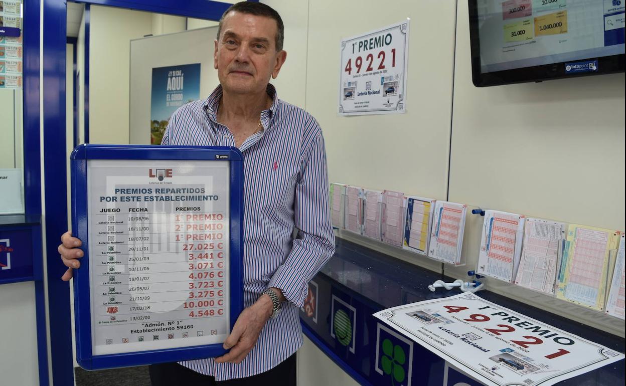 Leonardo Pardo posa con un cartel de los últimos premios repartidos por la administración.