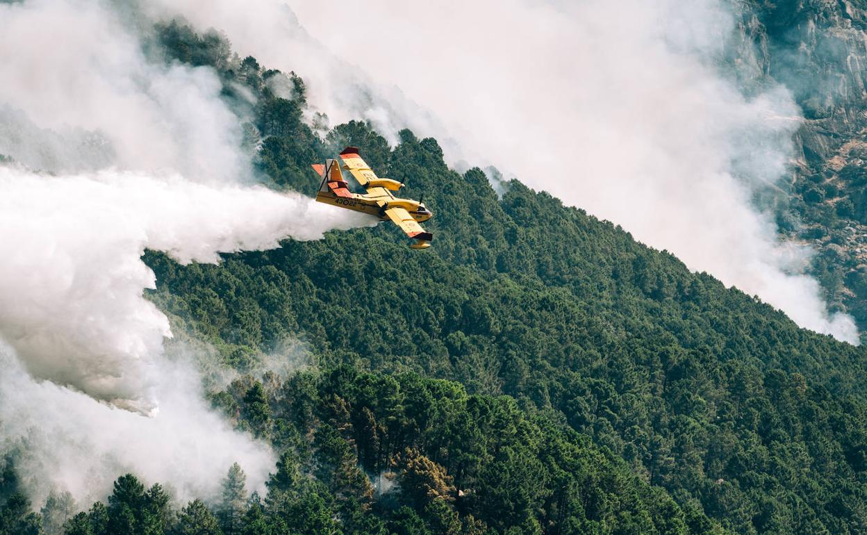 Los medios aéreos intentan controlar el fuego a pesar de las condiciones que dificultan su extinción. 