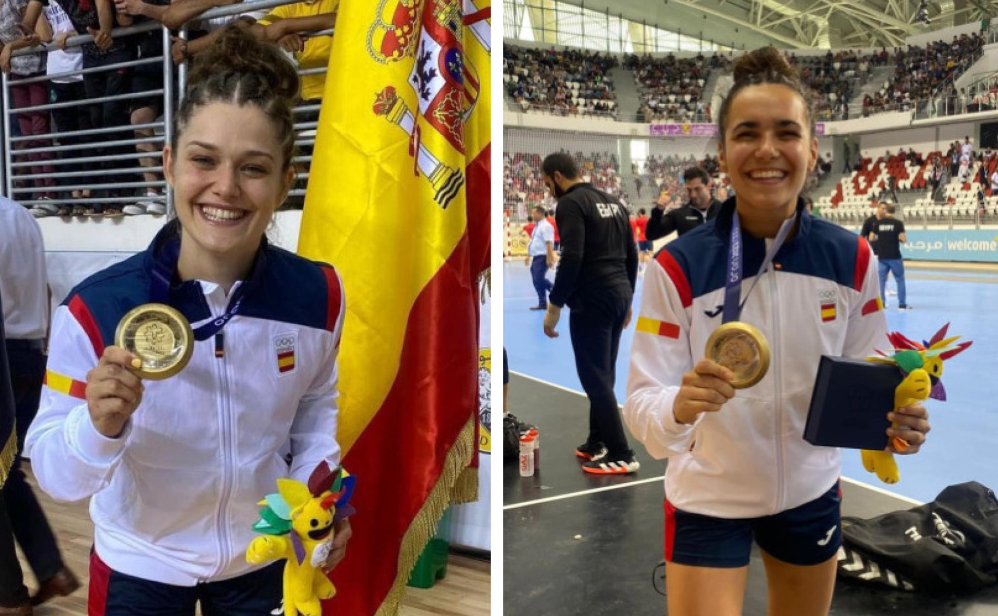 Elena Cuadrado y Elba Álvarez posan con la medalla de oro de los Juegos del Mediterráneo. 