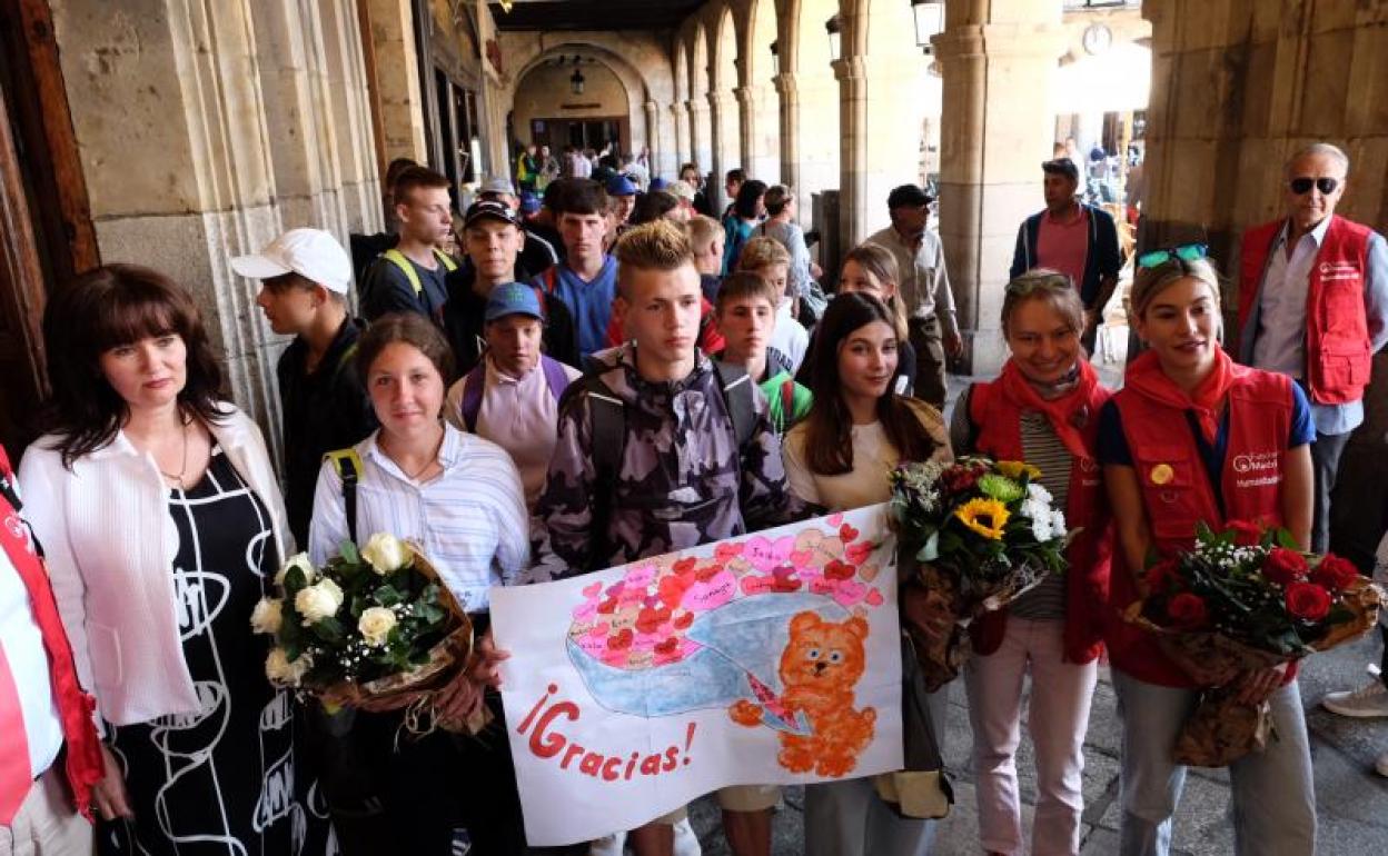 Refugiados ucranianos en la Plaza Mayor de Salamanca.
